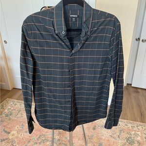 Express Black Button-Down Shirt with Tan Windowpane